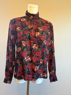 Country Sophisticates Pendleton Mock Neck Long Sleeve Top Burgundy Floral